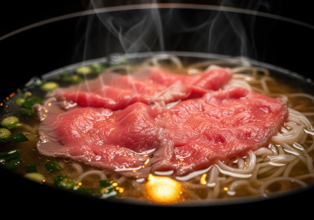Steaming hot beef noodle soup with delicate white noodles, thinly sliced raw pink beef, and fresh green onions in a clear broth. a close up of a traditional asian dish.の素材