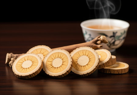 Dried astragalus root slices huang qi on a dark wooden surface, accompanied by a steaming cup of herbal tea. symbolizes traditional chinese medicine, natural health, and holistic wellness practices.の素材