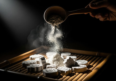 White powder falls from a wooden spoon onto traditional clay craft shapes on a bamboo tray, emphasizing natural materials and artisanal process.の素材