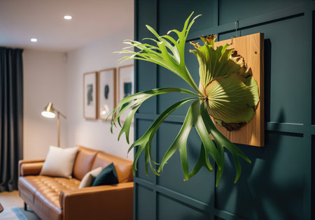 Lush staghorn fern plant mounted on a wooden plaque, decorating a dark green paneled wall in a modern living room with a brown leather sofa and framed art.の素材