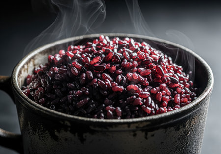 Hot, steaming purple forbidden rice fills a rustic cast iron pot, with visible vapor rising. a healthy, ancient grain dish, rich in antioxidants and flavor.の素材