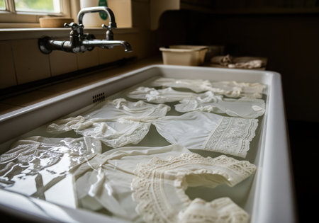 Delicate vintage white linen garments with lace details soaking in clear water inside a large, traditional porcelain sink. the scene evokes a sense of care, tradition, and gentle laundry practices.の素材
