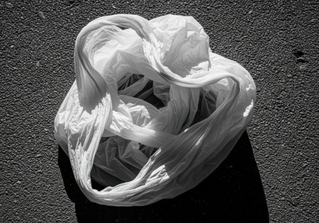 Crumpled white plastic bag discarded on a rough, dark asphalt surface, captured in high contrast black and white. highlights environmental pollution, waste, and the impact of single use plastic. focus on texture, light, and shadow.の素材