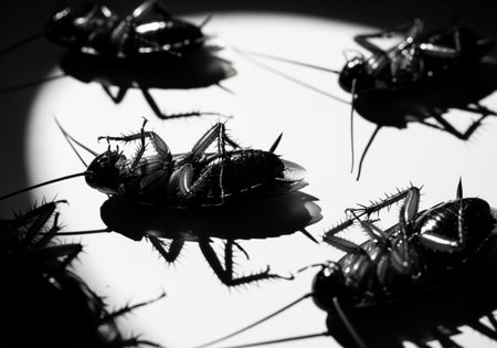 Several dead cockroaches are scattered on a surface, captured in a high contrast black and white photograph. the unsettling scene evokes themes of pest control, hygiene, and infestation.の素材
