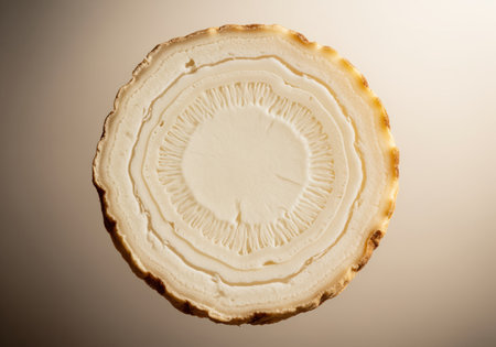 Fresh ginseng root cross section, revealing intricate natural patterns, concentric rings, and fibrous texture. a detailed macro view highlighting its organic structure and potential medicinal properties.の素材