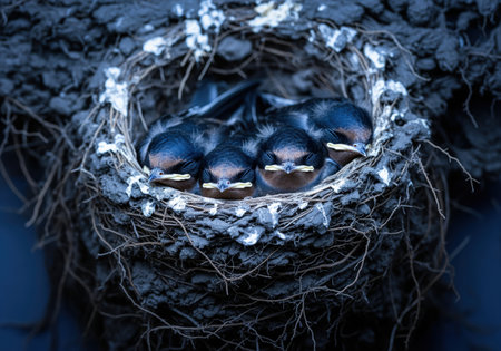Four young barn swallow chicks huddle together in their natural mud nest, showcasing new life, vulnerability, and wildlife in a natural habitat.の素材