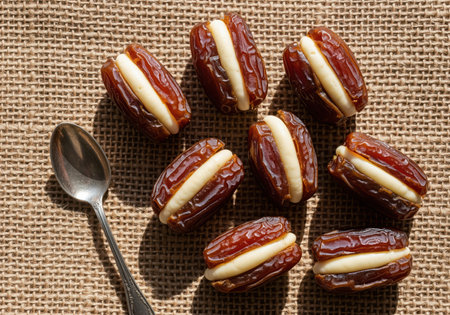 Dried dates, pitted and generously stuffed with a creamy almond paste, arranged on a textured burlap surface with a silver spoon.の素材