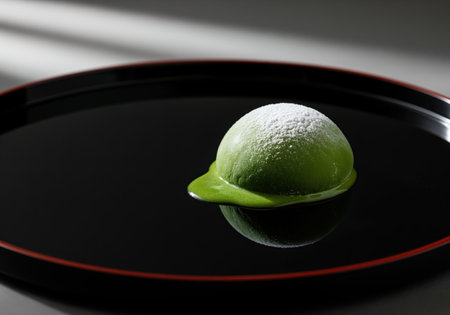Vibrant green mochi ice cream, dusted with white powdered sugar, melting slightly on a sleek black serving tray. delicious japanese dessert, sweet treat, elegant presentation.の素材
