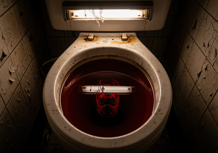 Grungy toilet bowl filled with ominous red liquid, reflecting a distorted, eerie face. the decaying bathroom features peeling paint and a general sense of abandonment and horror.の素材