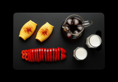 Yellow omelets with paprika, sliced red bell pepper, iced coffee in a pitcher, and two glasses of milk arranged on a black cutting board. healthy breakfast concept.の素材