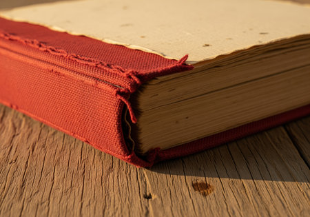 Vintage scrapbook with a worn, distressed crimson red canvas binding and frayed edges, showcasing aged, textured pages resting on a rustic wooden surface in warm light.の素材
