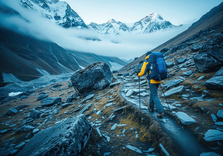 Lone trekker with backpack and poles navigates a challenging, rocky mountain trail amidst majestic snow capped peaks and atmospheric clouds. represents adventure, exploration, and endurance in a remote high altitude landscape.の素材