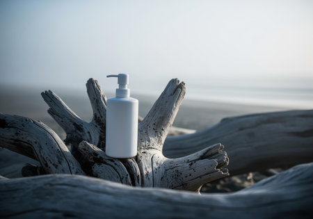 White pump bottle resting on weathered driftwood, with a hazy ocean shoreline in the background. perfect for natural beauty, organic skincare, and wellness product promotion, emphasizing eco friendly and minimalist concepts.の素材