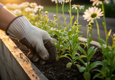 Gloved hand of a gardener carefully tending to young daisy plants in a wooden raised planter box. golden hour sunlight illuminates the scene, highlighting growth, nature, and horticultural care.の素材