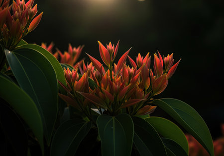 Young cinnamon leaves emerging with vibrant fiery scarlet and bronze hues, tightly clustered against a deep, dark, low key background, illuminated by soft light.の素材