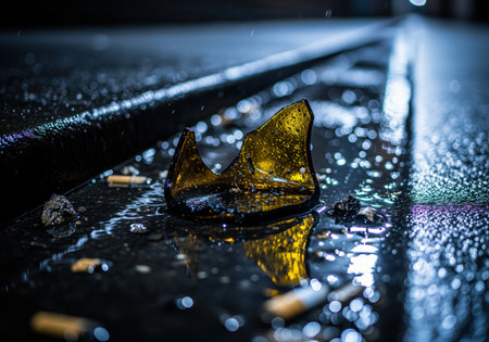 Shattered brown glass bottle fragment lying in a dark, wet urban gutter. reflective surface with water droplets and blurred city lights create a gritty atmosphere of neglect and urban decay.の素材