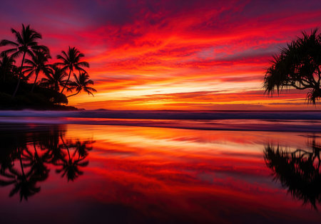 Dramatic tropical sunset painting the sky with fiery red and orange hues over a serene beach. silhouettes of palm trees and other tropical foliage are reflected in the calm ocean water and wet sand, creating a vibrant, tranquil scene.の素材