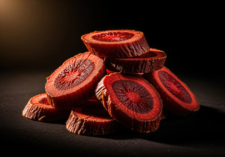 Glossy, intensely red root slices arranged in a pyramid, captured with dramatic lighting to emphasize their rich texture and color.の素材
