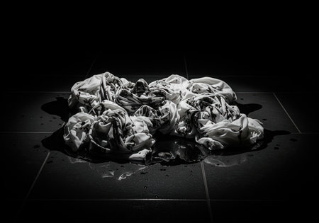 Pile of wet, heavily stained white fabric remnants clumped on a dark, slick black tile floor, illuminated by dramatic light. evokes concepts of crime, mess, aftermath, and neglect.の素材