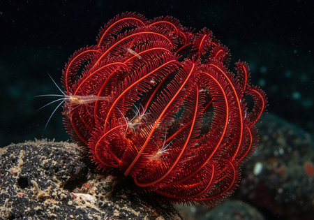 Vibrant red feather star, a marine crinoid, displaying its delicate feathery arms on a rocky seabed. several small, transparent commensal shrimp are visible among its intricate structure, highlighting marine symbiosis and biodiversity.の素材