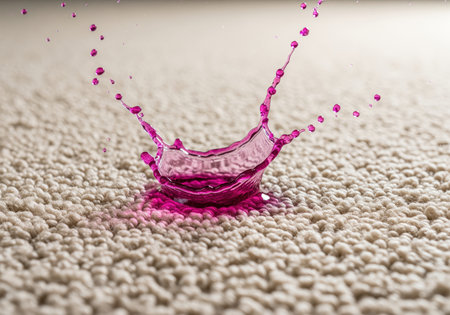 Pink liquid splashing dynamically on a textured beige carpet, forming a vibrant crown shape with droplets. represents spills, accidents, cleaning challenges, or stain resistance.の素材