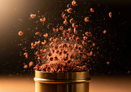 Szechuan peppercorn husks bursting dynamically from a small, polished brass container, scattering reddish pink particles and fine dust in mid air. captures motion and flavor.の素材