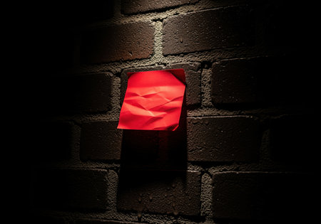 Crumpled red sticky note adhered to a dark, damp brick wall, illuminated by dramatic low key lighting. textured brick surface and note creases are visible, conveying concepts of reminder, secret, or warning.の素材