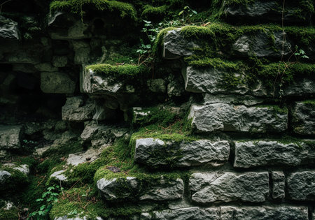 Ancient crumbling stone wall covered in vibrant green moss and damp grey tones, showcasing natural decay, historical architecture, and organic texture.の素材