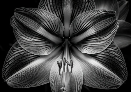 Close up of a vibrant amaryllis blossom transformed into a dramatic monochrome study. focus on the delicate textures, patterns, and elegant structure of the petals and reproductive parts.の素材