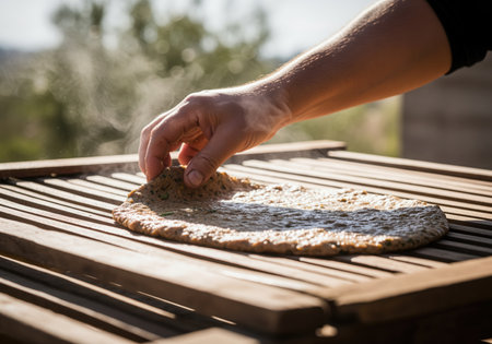 Man hand carefully places rustic flatbread dough onto a hot wooden grill, steam rising. authentic outdoor cooking process for traditional food.の素材