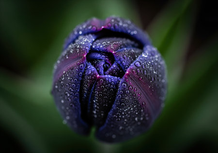Closed midnight blue tulip bud covered in glistening water droplets, captured in a cinematic macro shot. the tightly curled petals show intricate details and a fresh, natural beauty against a dark, blurred green background.の素材