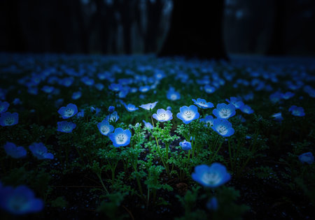 Luminous blue nemophila flowers with bright centers stand out in a dark, high contrast forest field. deep shadows from unseen trees create a mysterious, enchanting atmosphere, highlighting the delicate blossoms.の素材