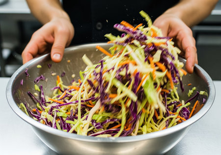Chef hands actively mixing a vibrant coleslaw salad in a stainless steel bowl, featuring shredded green cabbage, red cabbage, and carrots. healthy, fresh, and colorful food preparation.の素材