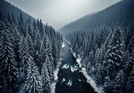 Majestic winter landscape featuring a winding river cutting through a dense forest of snow covered fir trees under a cold, overcast sky. natural beauty and wilderness.の素材