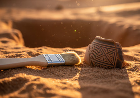 Archaeological brush rests beside an ancient terracotta fragment with geometric patterns, partially unearthed in fine golden desert sand, symbolizing history and discovery.の素材