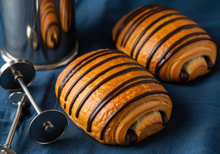 Golden brown pain au chocolat pastries with chocolate drizzle, featuring a flaky texture and rich chocolate filling. served on a dark blue fabric with coffee accessories.の素材