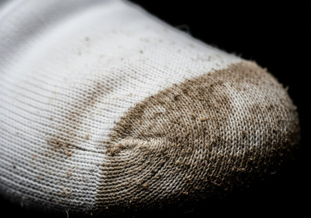 Dirty white sock toe, heavily stained with brown grime and dust, showcasing worn fabric texture and individual fibers against a dark background. uncleanliness, wear, hard work.の素材