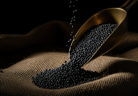 Deep black beluga lentils spilling from an antique brass scoop onto a textured dark burlap sack. focus on raw food, healthy eating, and natural ingredients with a dramatic low key light.の素材