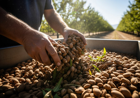 Close up of a farmer hands gathering freshly harvested almonds in their shells from a large bin. the background shows a sunny almond orchard, emphasizing agricultural work and natural produce.の素材
