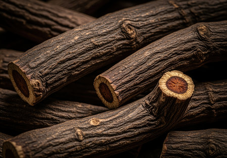Natural liquorice root pieces with textured dark bark and visible cross sections. highlights the organic, earthy qualities and potential uses in herbal remedies or culinary applications.の素材