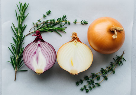 Whole yellow onion, sliced red and yellow onions, fresh rosemary, and thyme sprigs arranged on a light surface. essential ingredients for cooking and healthy eating.の素材