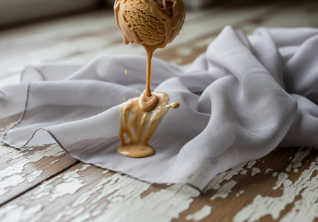 Scoop of peanut butter ice cream melting and dripping onto a soft grey silk scarf, creating a sweet mess on a rustic wooden table with peeling paint. captures a moment of indulgence and decay.の素材
