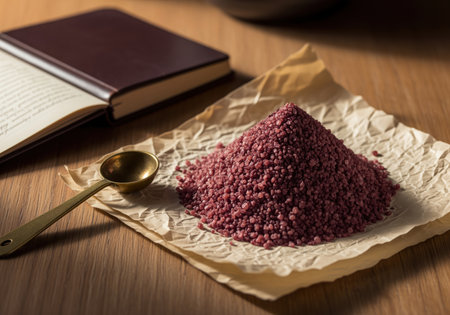 Coarse burgundy red wine salt piled on wrinkled parchment paper, accompanied by a brass measuring spoon and an open book on a wooden table. culinary ingredient for gourmet cooking.の素材