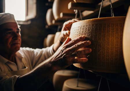 Skilled cheesemaker hands meticulously turn a maturing wheel of authentic parmesan cheese on a wooden shelf in a traditional aging cellar. focus on craftsmanship and quality.の素材