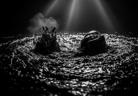 Turbulent dark liquid with a mysterious, organic form emerging from the agitated, splashing surface under dramatic light rays. black and white abstract concept.の素材
