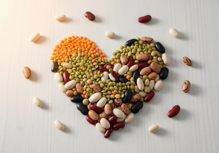 Assortment of colorful beans and lentils meticulously arranged into a heart shape on a bright white wooden surface. symbolizes healthy eating, plant based nutrition, and love for wholesome food.の素材