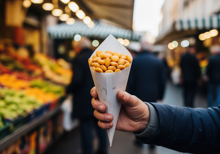 Man hand holds a paper cone filled with golden lupini beans, a popular traditional italian street food snack, amidst a bustling outdoor market scene. focus on authentic local cuisine and cultural experience.の素材