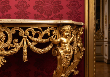 Close up of a luxurious gold baroque console table, featuring ornate cherub figures, intricate scrollwork, and decorative garlands against a rich red damask wallpaper.の素材