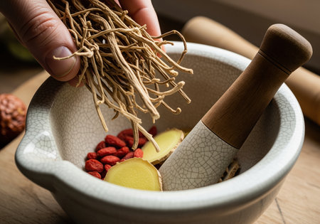 Hand adding dried angelica root to a mortar containing fresh ginger slices and red goji berries, preparing a traditional herbal remedy or tea.の素材