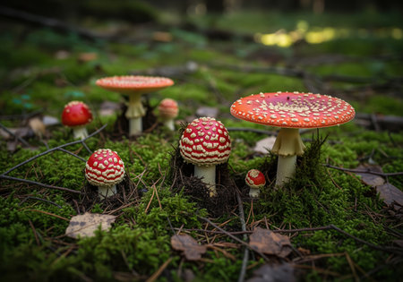 Clusters of vibrant red fly agaric mushrooms with white spots emerging from a lush green moss carpet on a damp forest floor, surrounded by fallen leaves and pine needles.の素材